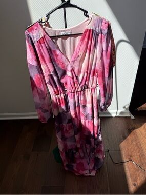Floral Pink & Purple Wrap-Style Midi Dress
